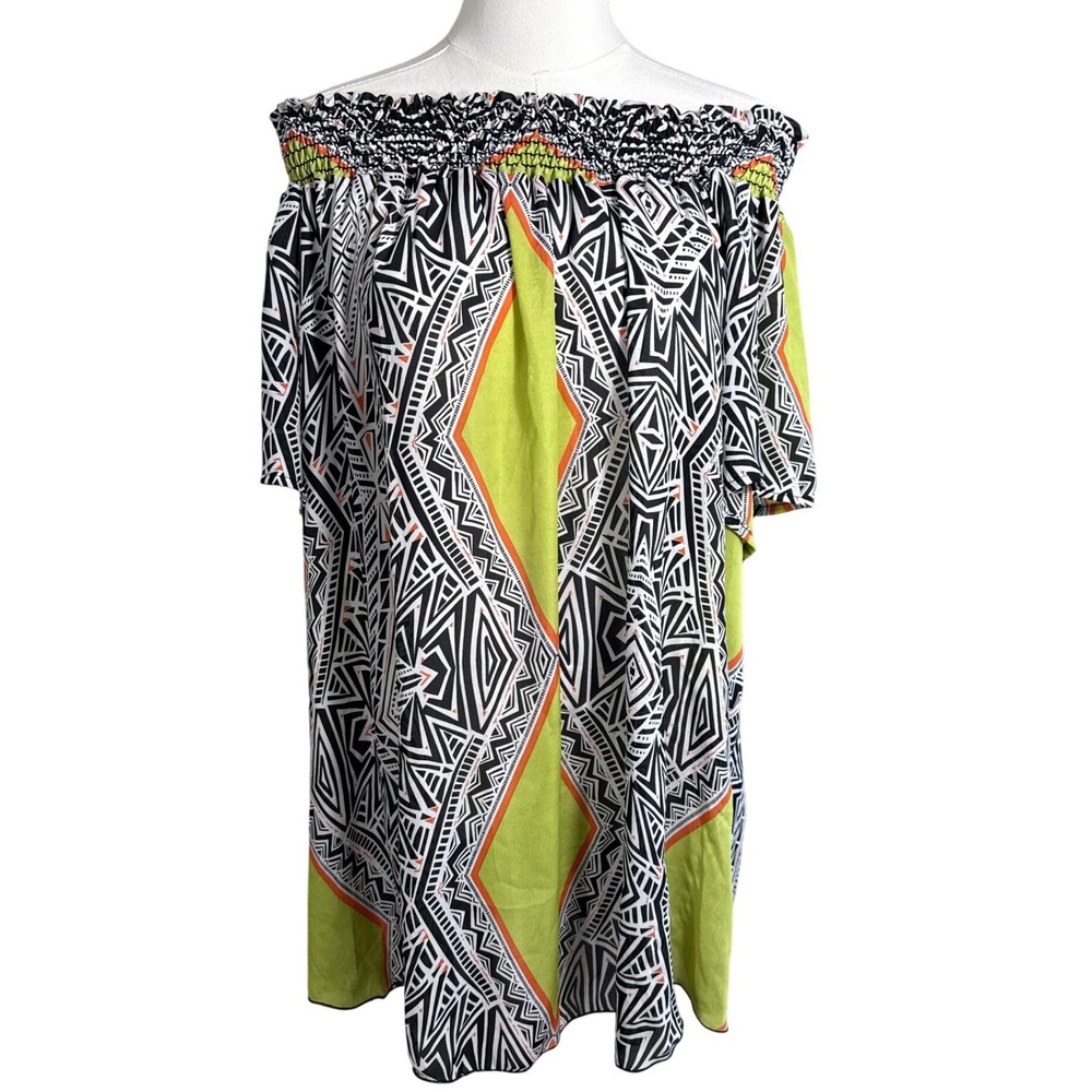Ashley Stewart Geometric Tribal Off Shoulder Top Lime Green Black White 14/16